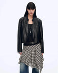 Stand Collar Suit Sheepskin Leather Short Jacket Roman Story - Black front view