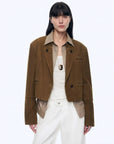 Stand Collar Suit Sheepskin Leather Short Jacket Roman Story - Dark Brown front view