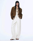 Stand Collar Suit Sheepskin Leather Short Jacket Roman Story - Dark Brown full body view