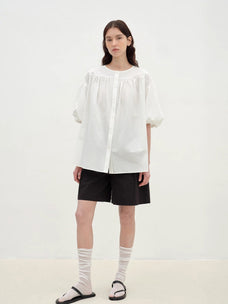 "Romantic Line Drawing" Pure Cotton Slightly Wrinkled Puff Sleeve Short Top for Women - variant_title
