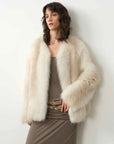 Model wearing Romantic Nordic Agate Fox fur coat, front view