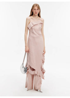 Sand - washed Linen Sling Ruffled Irregular Fit Sling Dress"Summer Whisper" - variant_title