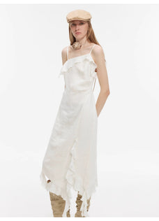 Sand - washed Linen Sling Ruffled Irregular Fit Sling Dress"Summer Whisper" - variant_title