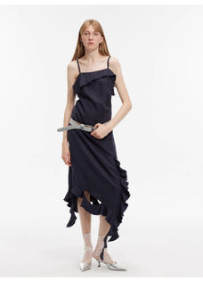 Sand - washed Linen Sling Ruffled Irregular Fit Sling Dress"Summer Whisper" - variant_title