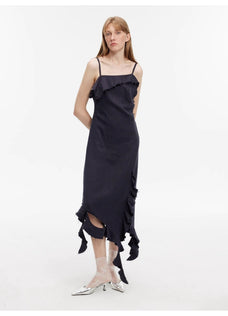Sand - washed Linen Sling Ruffled Irregular Fit Sling Dress"Summer Whisper" - variant_title