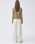 Vintage Brown Rose floral Tencel Merino wool long sleeve shirt on ROSINA model back view