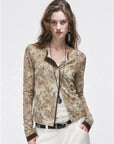Vintage Brown Rose floral Tencel Merino wool long sleeve shirt on ROSINA model front view