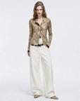 Vintage Brown Rose floral Tencel Merino wool long sleeve shirt on ROSINA model full front view
