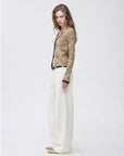 Vintage Brown Rose floral Tencel Merino wool long sleeve shirt on ROSINA model side view