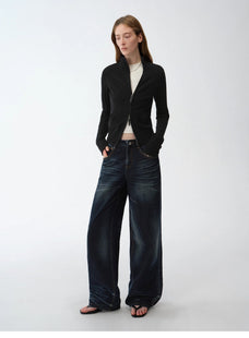 "Senna Melody" oblique placket fine merino wool and cotton blend zipper knitted cardigan top for women - variant_title