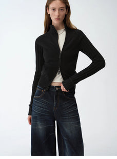 "Senna Melody" oblique placket fine merino wool and cotton blend zipper knitted cardigan top for women - variant_title
