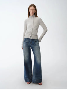 "Senna Melody" oblique placket fine merino wool and cotton blend zipper knitted cardigan top for women - variant_title