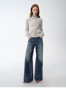 "Senna Melody" oblique placket fine merino wool and cotton blend zipper knitted cardigan top for women - variant_title