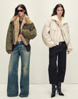 Firelady Serene Heat Island military green and creamy ice cream fur collar jackets on two models
