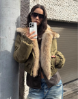 Firelady Serene Heat Island military green fur collar pilot jacket outdoor styling close-up
