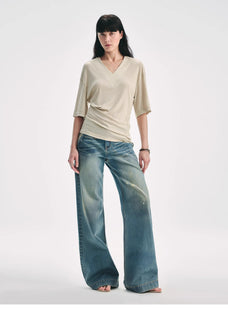 Silk Tencel blended pleated V - neck loose dropped shoulder T-shirt"Inspiration Bag" - variant_title