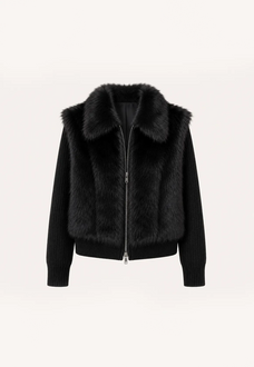 Silky Cocoa black shearling coat with detachable sleeves, front product view