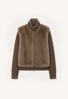 Silky Cocoa cocoa brown shearling coat with detachable sleeves, front product view