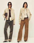 Models wearing the Silky Cocoa wheat field shearling coat, fit comparison