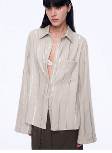 Silver Stripe Trumpet Sleeve Linen Cropped Shirt"Anonymous Letter" - variant_title
