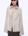 Silver Stripe Trumpet Sleeve Linen Cropped Shirt"Anonymous Letter" - variant_title