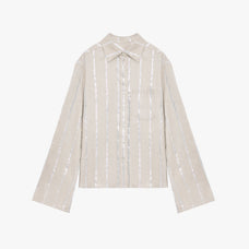 Silver Stripe Trumpet Sleeve Linen Cropped Shirt"Anonymous Letter" - variant_title