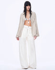 Silver Stripe Trumpet Sleeve Linen Cropped Shirt"Anonymous Letter" - variant_title