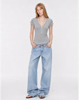 Khaki Gray merino wool Tencel deep V-neck zipper short sleeve top on model full front view