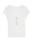 Original White merino wool Tencel deep V-neck zipper short sleeve top product cutout