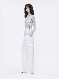 Smudge printed mesh long sleeve T-shirt Blue on MARIA model side view