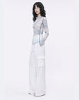 Smudge printed mesh long sleeve T-shirt Blue on MARIA model side view