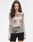 Smudge printed mesh long sleeve T-shirt Khaki on MARIA model front view