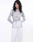 Smudge - printed mesh slightly see - through long - sleeved T-shirt for women - variant_title