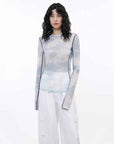 Smudge - printed mesh slightly see - through long - sleeved T-shirt for women - variant_title