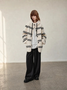 Firelady Fur Snowy New Year white black striped lamb wool jacket front model view