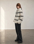 Firelady Fur Snowy New Year short white black striped lamb wool jacket side model view