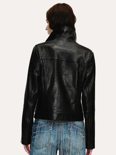 Soft Lightweight Fit cropped lambskin moto jacket - Black back model view