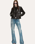 Soft Lightweight Fit cropped lambskin moto jacket - Black full model view