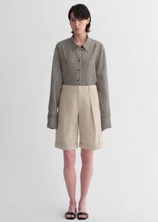 Sophisticated linen waistless pleated wide - leg cropped pants for women, featuring architectural silhouette, textured side pockets - variant_title