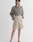 Sophisticated linen waistless pleated wide - leg cropped pants for women, featuring architectural silhouette, textured side pockets - variant_title