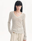 "Spring Old Dream" Loose and versatile slightly hollow V - neck straight shoulder top - variant_title