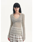 "Spring Old Dream" Loose and versatile slightly hollow V - neck straight shoulder top - variant_title