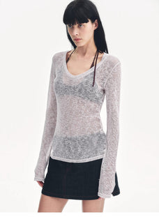 "Spring Old Dream" Loose and versatile slightly hollow V - neck straight shoulder top - variant_title