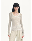 "Spring Old Dream" Loose and versatile slightly hollow V - neck straight shoulder top - variant_title