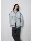 "Starry Sky Market" luxury brand classic washed cotton collarless raw edge denim jacket - variant_title