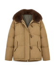 Fireladyfur Street Badge Yellow Brown down parka with detachable fox fur large lapel front cutout
