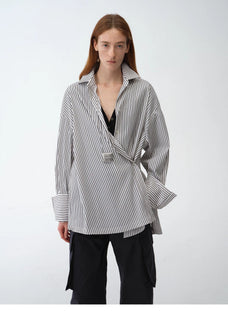 "Striped Fantasy" Casual Asymmetric Slanted Front Two - Wear Striped Long Sleeve Shirt - variant_title