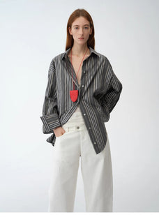 "Striped Fantasy" Casual Asymmetric Slanted Front Two - Wear Striped Long Sleeve Shirt - variant_title