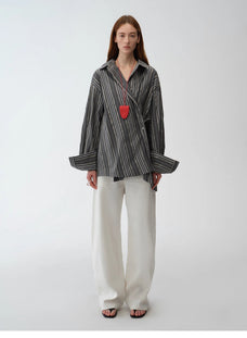 "Striped Fantasy" Casual Asymmetric Slanted Front Two - Wear Striped Long Sleeve Shirt - variant_title