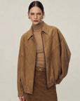 Firelady Fur suede top-grain sheepskin leather jacket tan front view